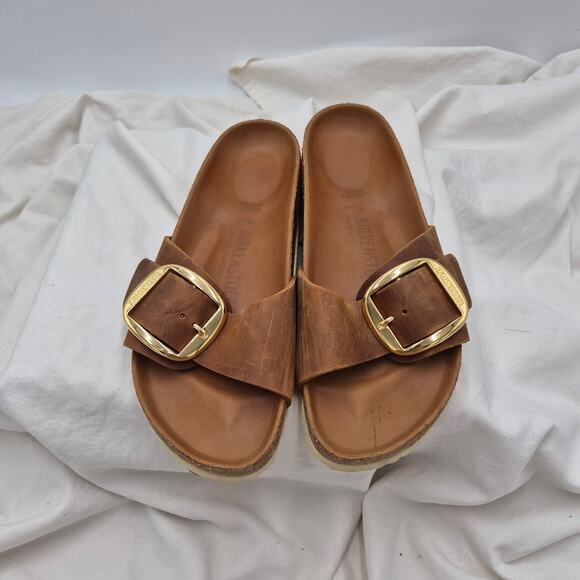 Birkenstock Shoes - Birkenstock Brown Leather Slide Sandals with Gold Buckles